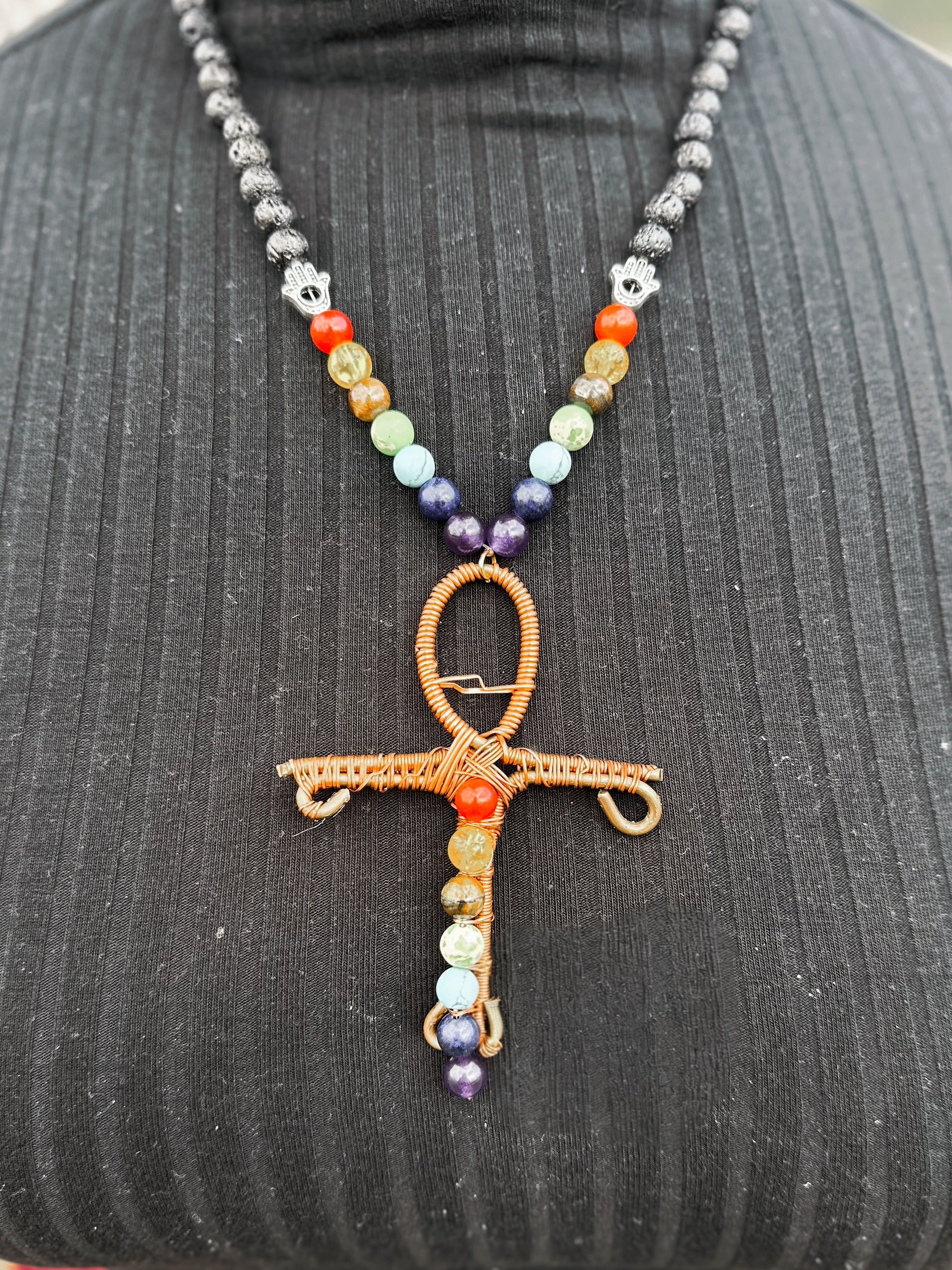 Handmade Copper-Wrapped Chakra Ankh Necklace with Lava Bead Chain