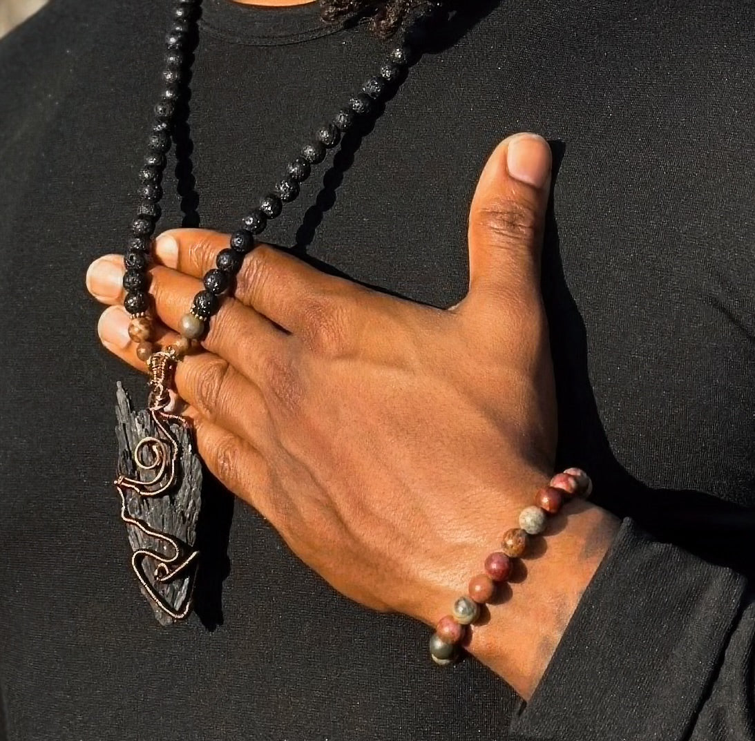 “Handmade Copper-Wrapped Kyanite Crystal Necklace Set with Jasper Bracelet”