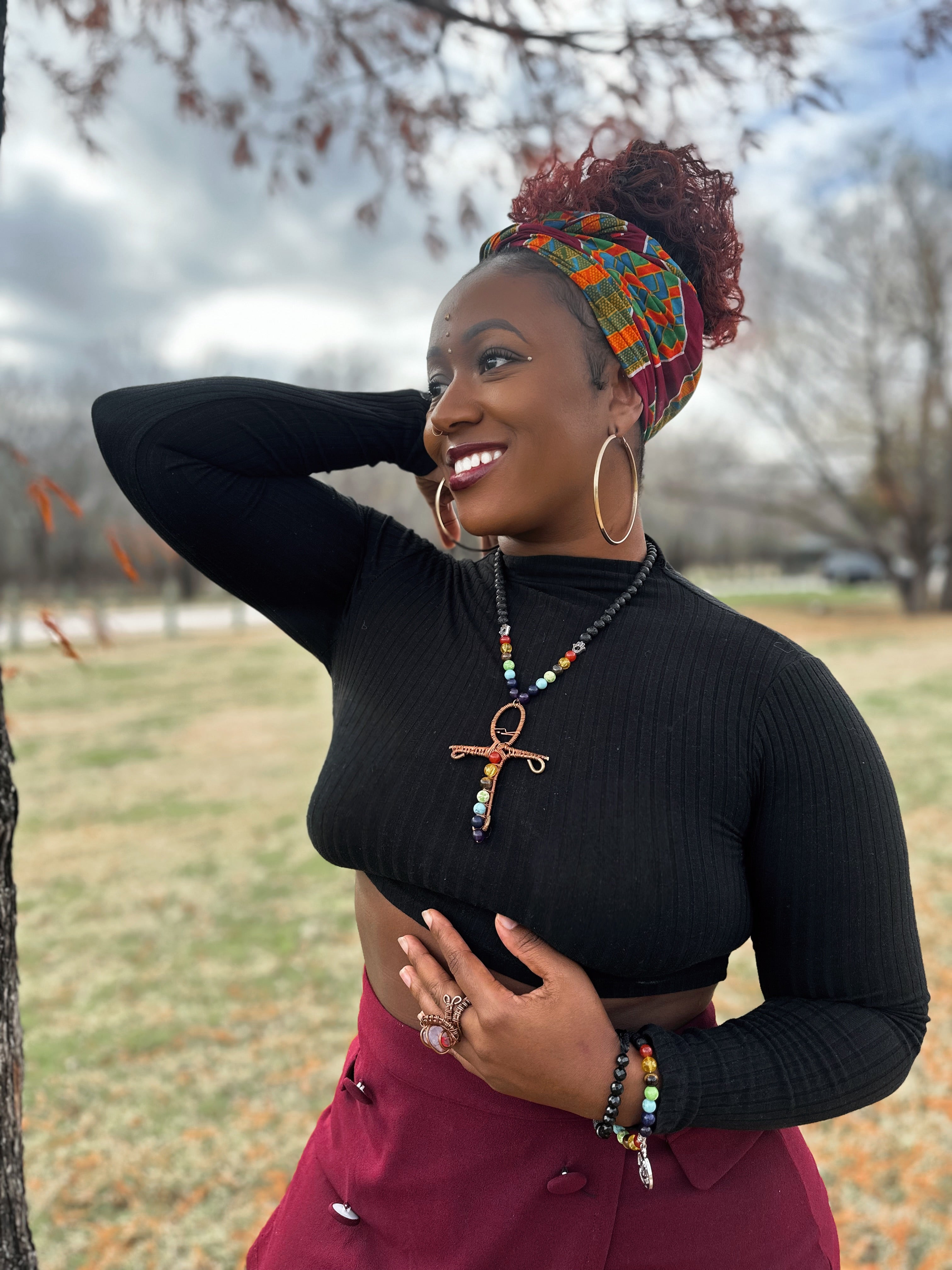 Handmade Copper-Wrapped Chakra Ankh Necklace with Lava Bead Chain